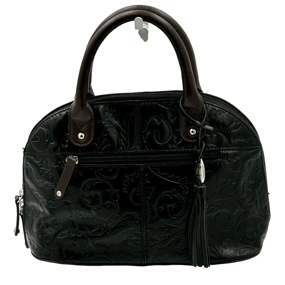 Tignanello Leather Satchel Womens Black Embossed Handbag Tassel‎ Classic